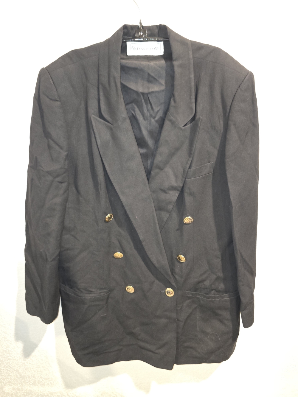Vintage Evan-Picone Black Double Breasted Blazer Gold Crest Buttons